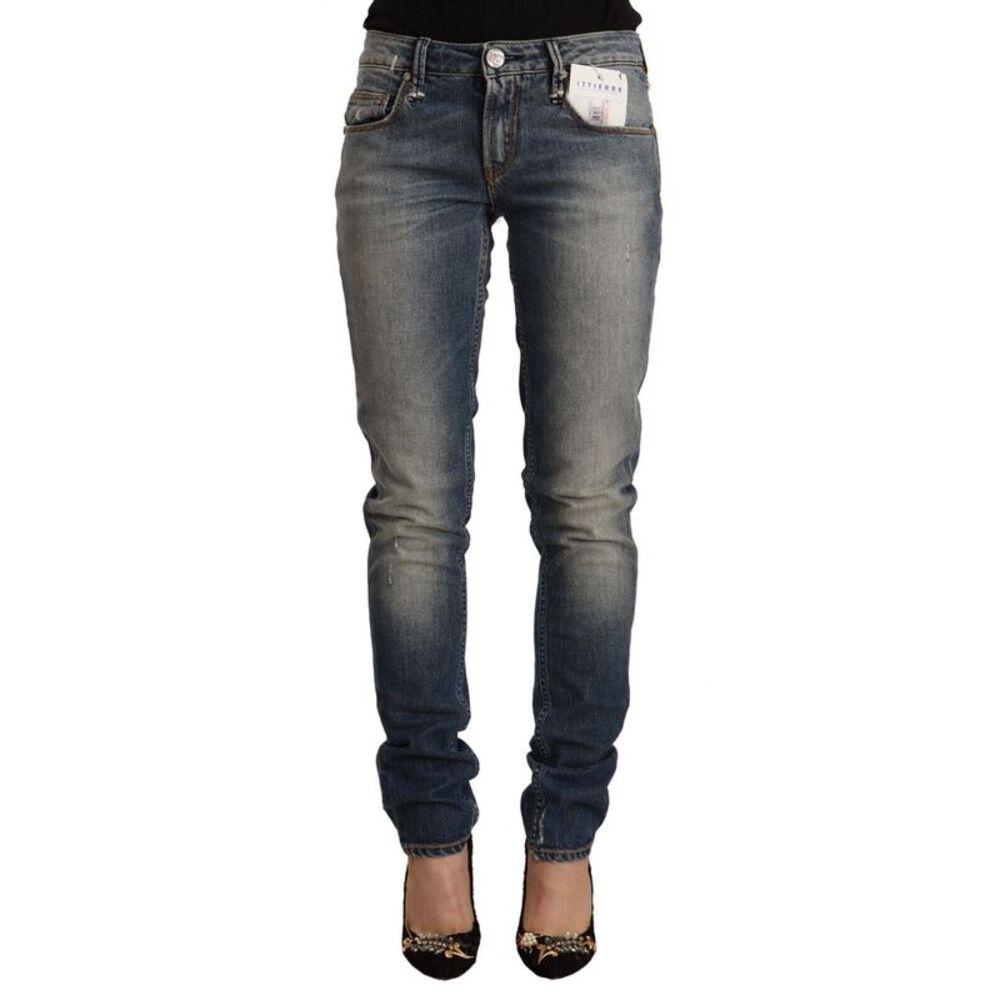 Acht Blue Washed Cotton Mid Waist Skinny Denim Women's Jeans